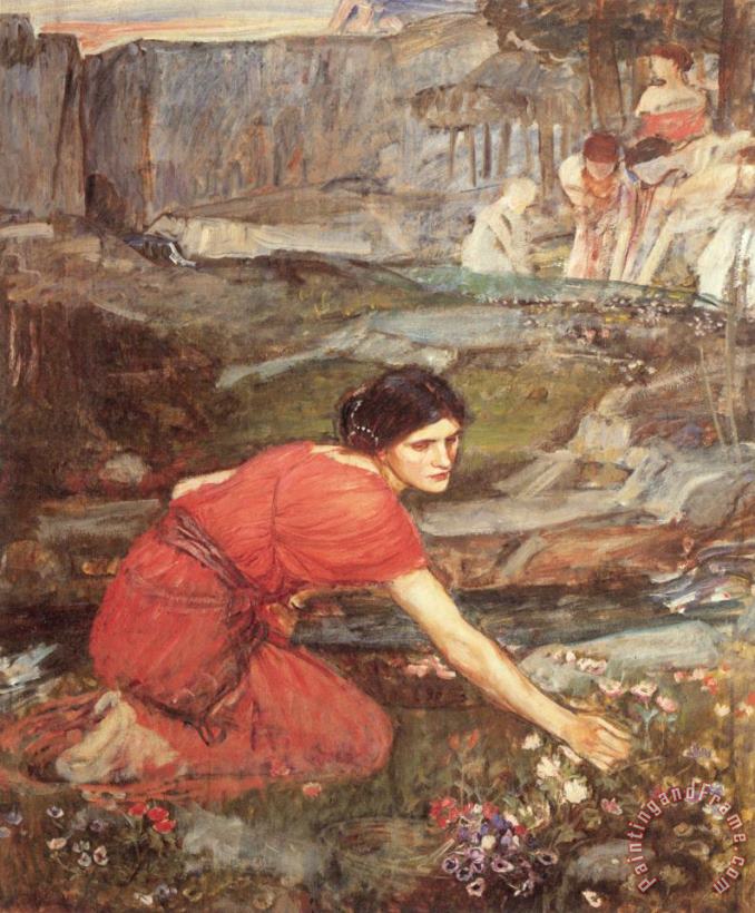 Maidens Picking Flowers by a Stream [study] painting - John William Waterhouse Maidens Picking Flowers by a Stream [study] Art Print